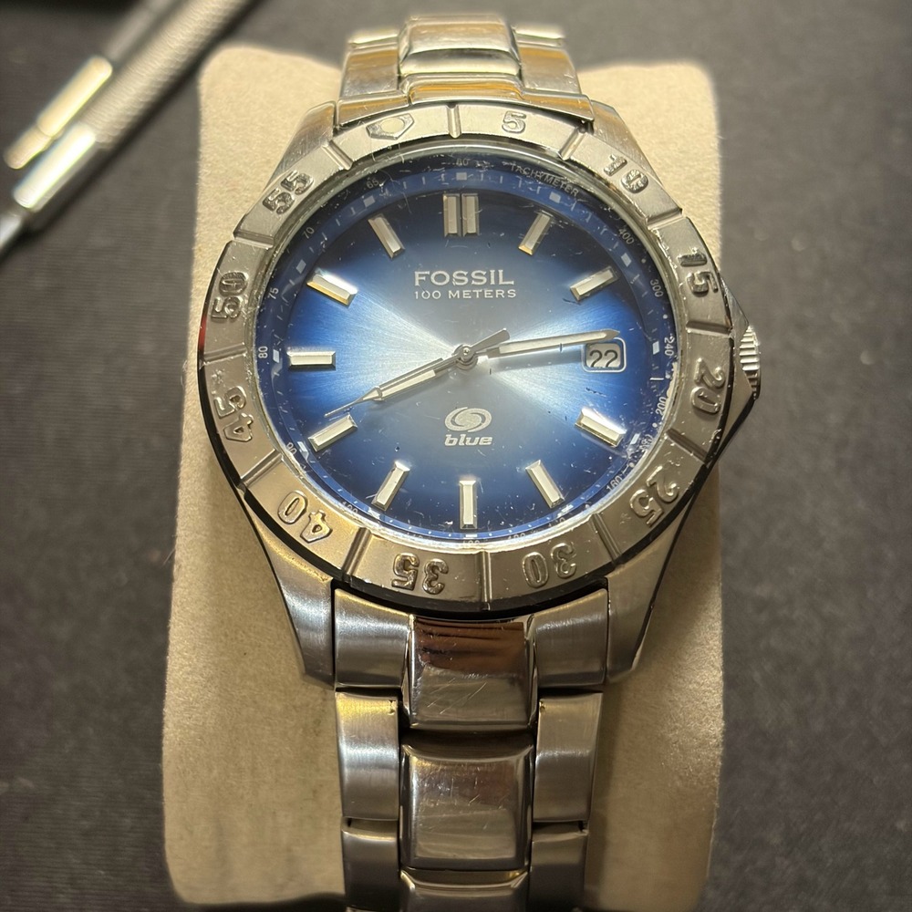 Fossil Blue Watch Mens 41mm Silver Blue AM-3689 Stainless Steel Sport